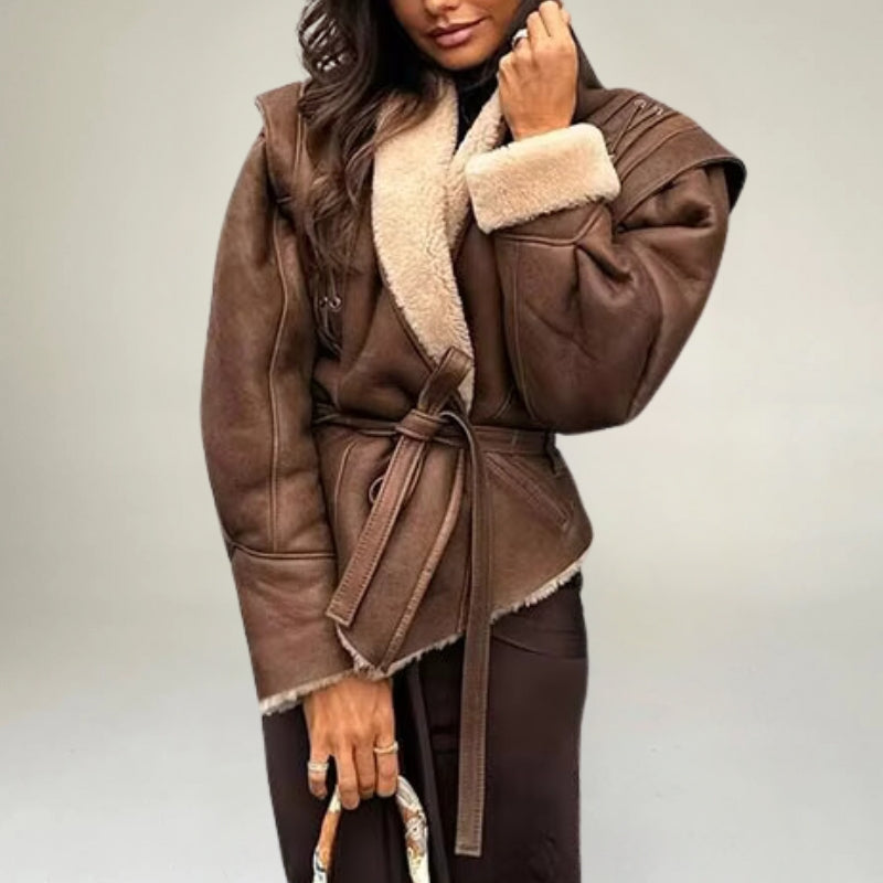 WW | Lederjacke Wickeldesign Taillengürtel Strukturierte Schultern Schnürdetails