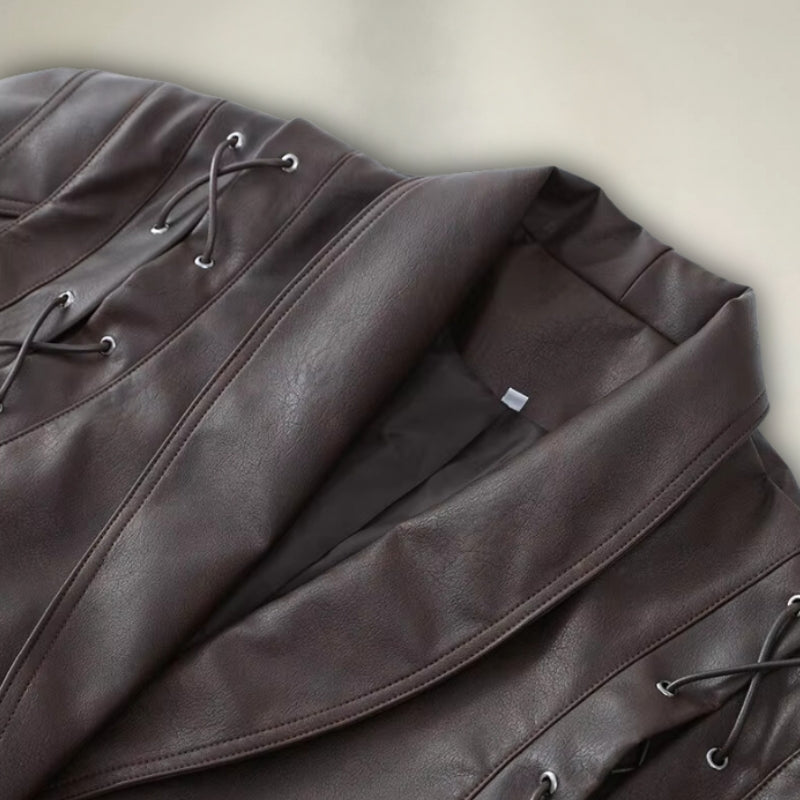WW | Lederjacke Wickeldesign Taillengürtel Strukturierte Schultern Schnürdetails