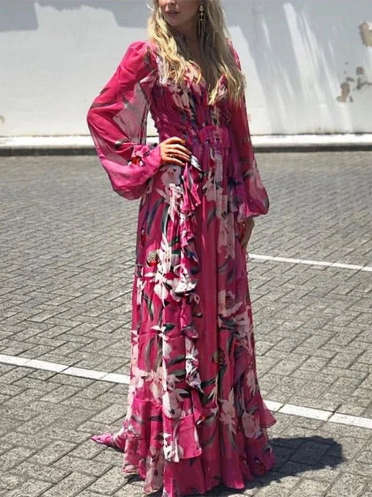 WW | Langärmliges Sommerkleid mit V-Ausschnitt und hohem Bund