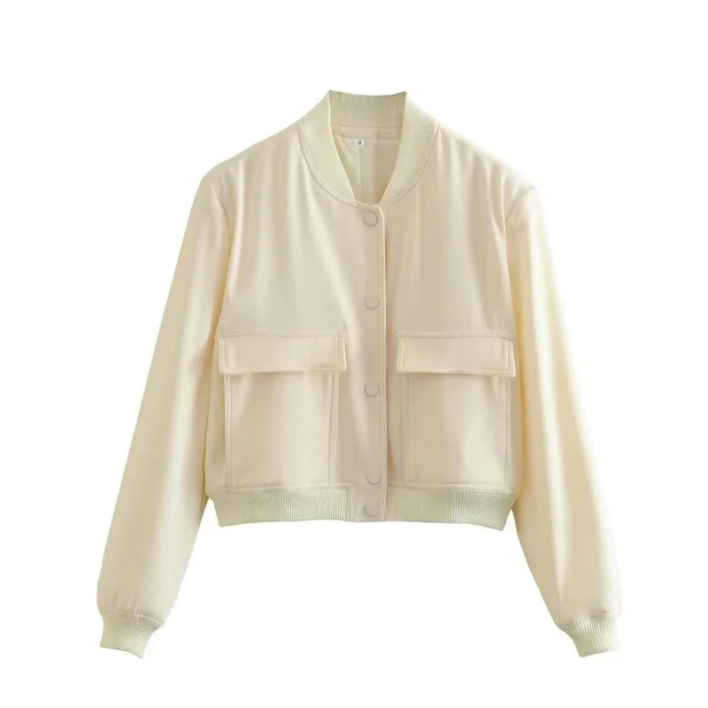 WW | Casual Bomber Jacket with Front Buttons and Flap Pockets