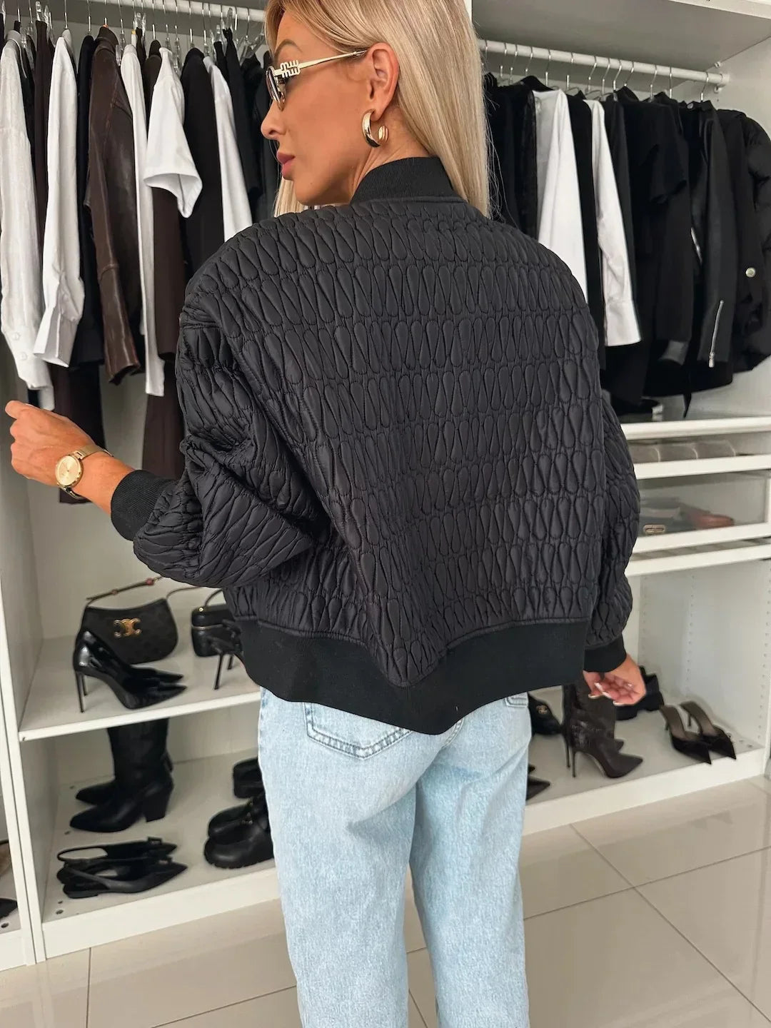 WW | Quilted Bomber Jacket with Front Zip and Ribbed Trim