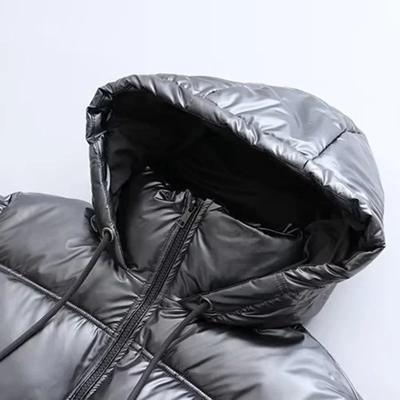 WW | Metallic Women's Winter Jacket with High Collar and Hood