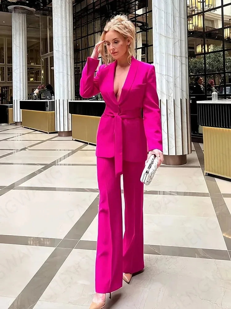 WW | Damen Freizeit Blazer Schicke Oberbekleidung Elegante Schlaghosen Langarm V-ausschnitt Gürtel Büro Pendler Anzug Satz