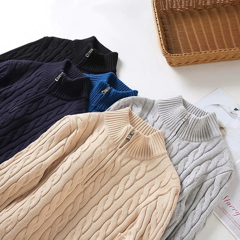 WW | Pullover mit Zopfmuster und halbem Reißverschluss - Eleganter Freizeit-Strickpullover