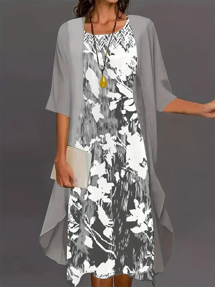 WW | Plus Size Autumn New Women's Floral Long Dress Printed Pattern Two-Piece Dress Round Neck Temperament Elegant Dress