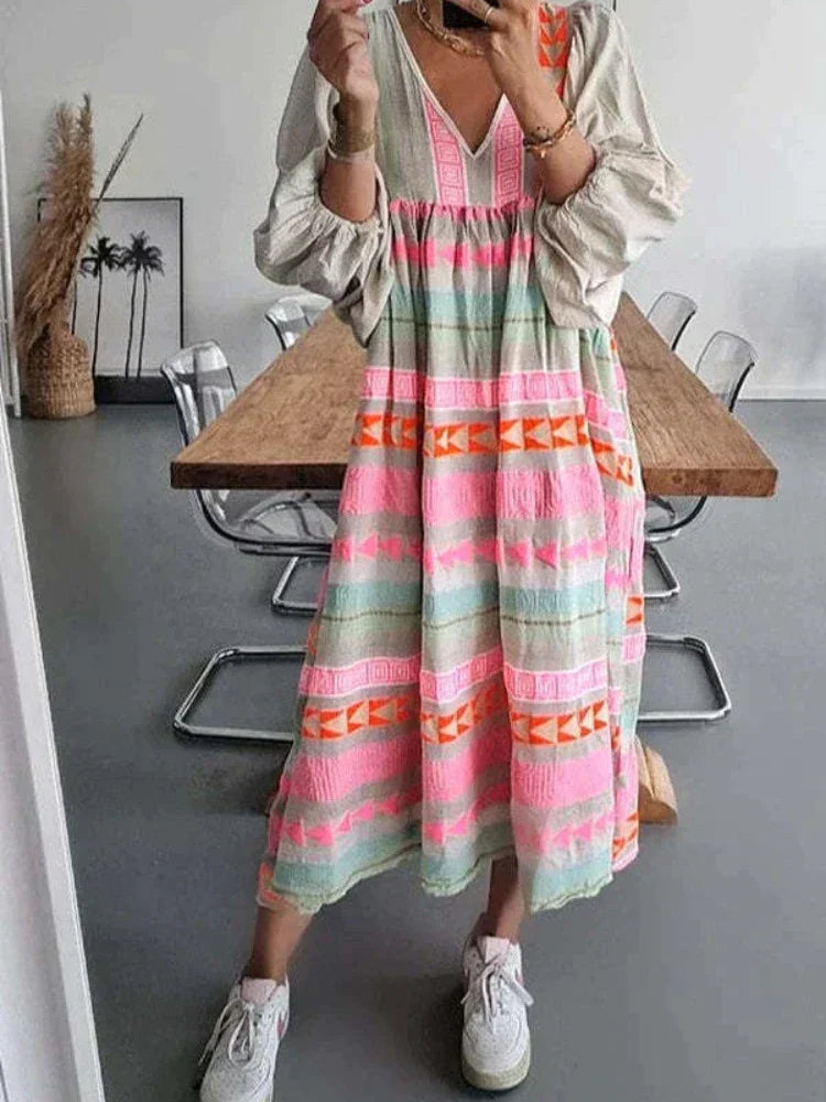 Cassandra | Boho Print V-Neck Dress