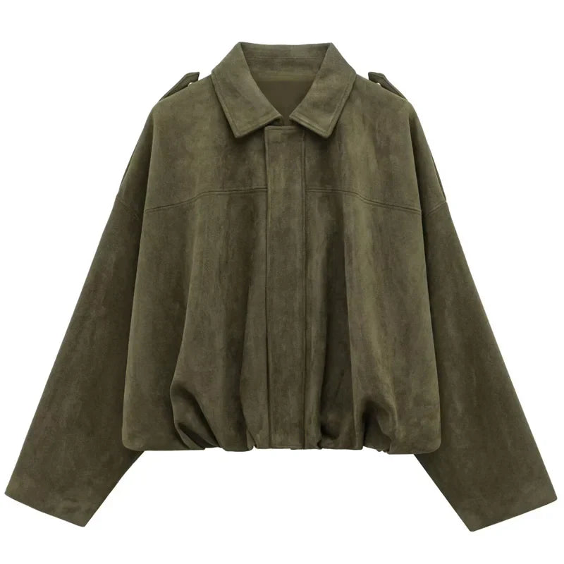 WW | Cropped Bomber Jacket with Lapel Collar and Front Zip
