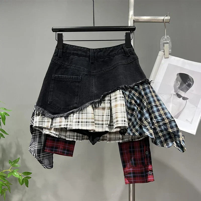 WW | Jahrgang Unregelmäßig Patchwork Kariert Röcke Denim Kurz für Frauen Hohe Taille Eingewickelt Hüfte Mini Rock Sommer Weiblich