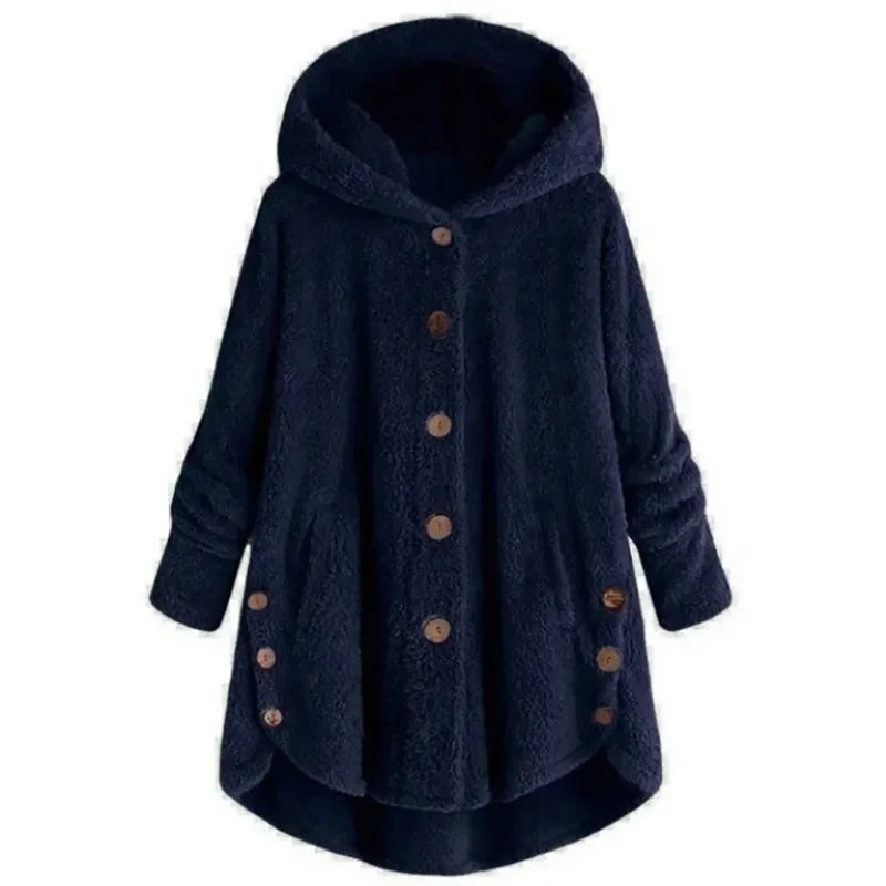 WW | Relaxed Fit Fleece Jacket with Hood Button Fastening Extra Long Back