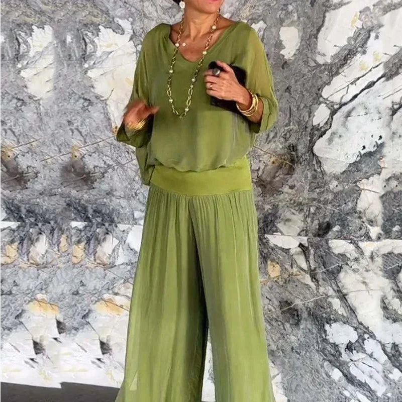 WW | Elegantes Zweiteiliges Set Aus Chiffonoberteil Und Hose Mit Weitem Bein
