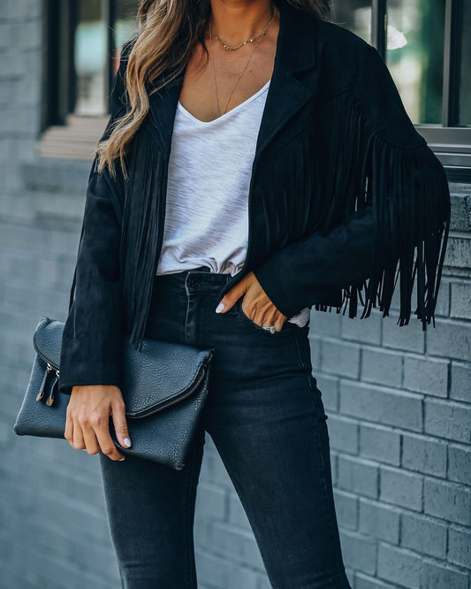 WW | Wildleder-Jackentrend - Fransen-Cardigan mit Troddelsaum, E-Girl Bikerjacke, 90er Vintage Streetwear, Cooles Design