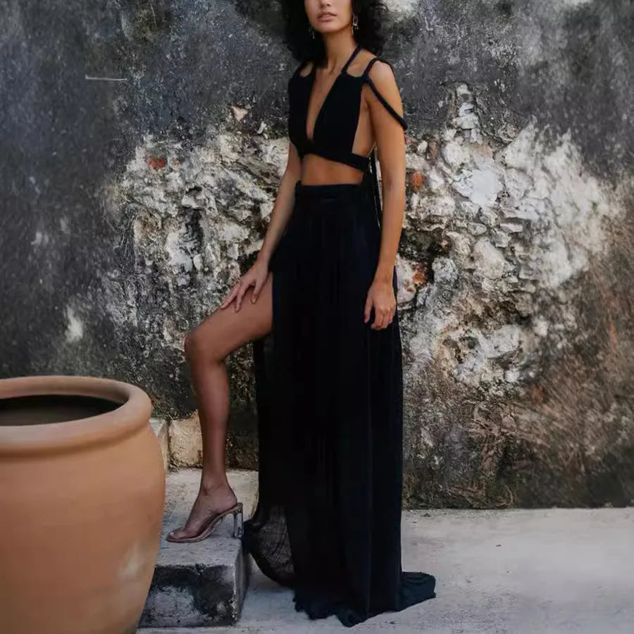 Draped crop top and long skirt set with slit and decorative cord detailing