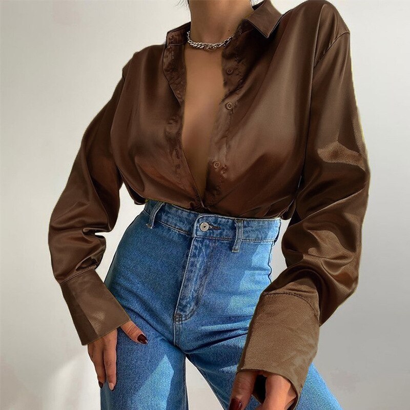 WW | Satin Blouse With Polo Collar Silk Blouse For The Office Vintage Design With Loose Button Elegant Fashion