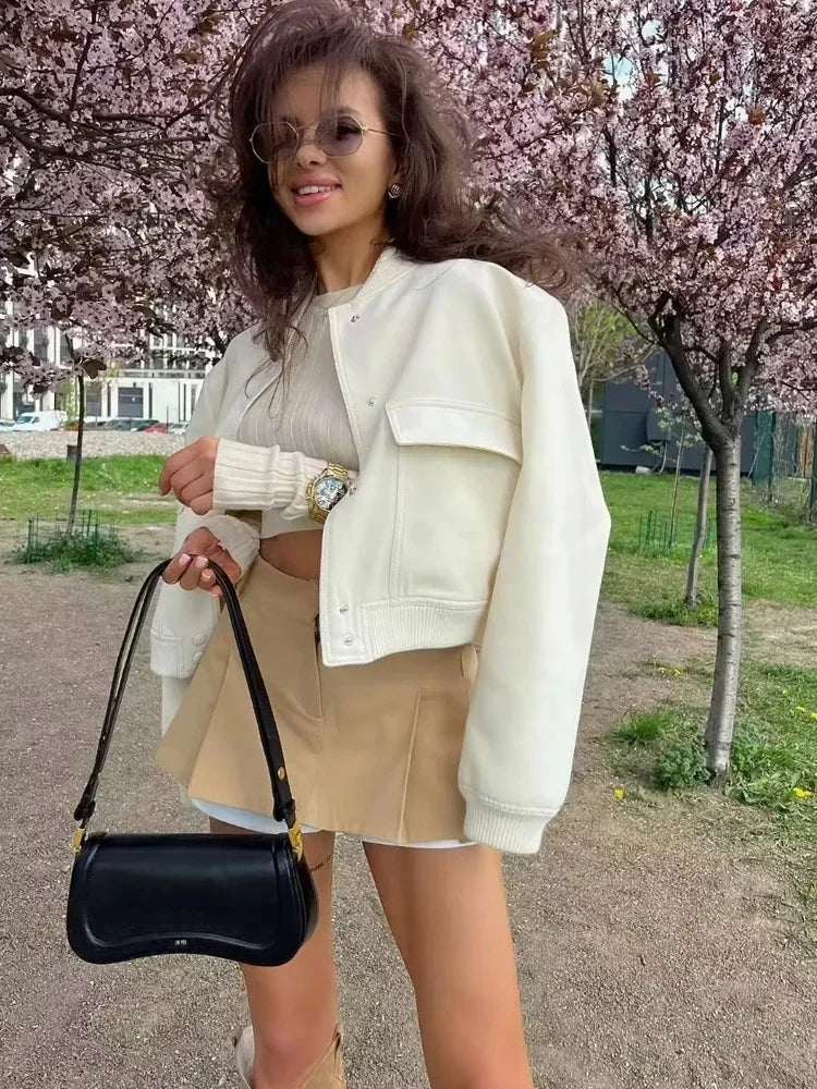 WW | Cropped Snap-Button Bomber Jacket with Baseball Collar