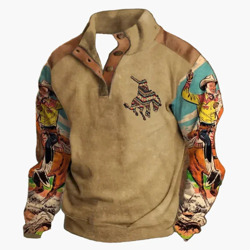 WW | Retro Cowboy Sweatshirt with Digital Print and Stand-Up Collar - Western Casual Pullover for Outdoors and Leisure