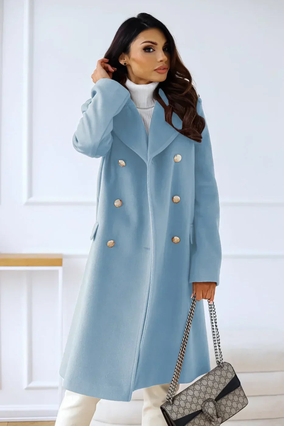 WW | Damen Doppelreihiger Mantel - Wollmischung - Mittellang - Reverskragen - Elegante formelle Kleidung