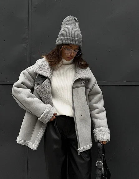 WW | Winterjacke mit Fleece Gefüttert Reißverschluss Pilotenjacke Winterjacke für Damen