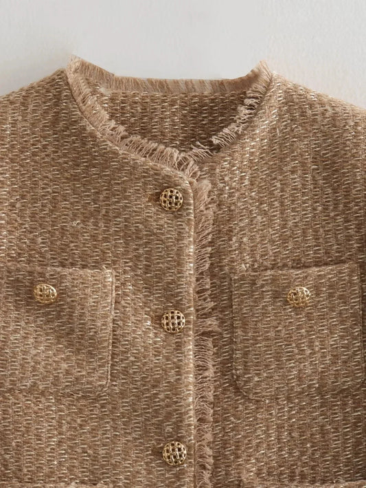 WW | Cropped Tweed Jacke mit Langen Ärmeln und Elegantem Kurzen Mantelstil