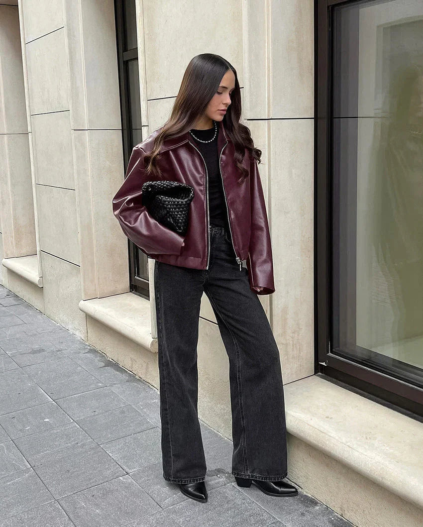 WW | Damen Rote Lederjacke Weinlese Lederjacke Mit Reißverschluss Für Frauen