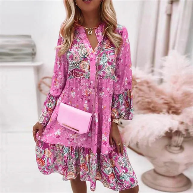 WW | Bohème Blumen Kleid mit langen Ärmeln für Damen