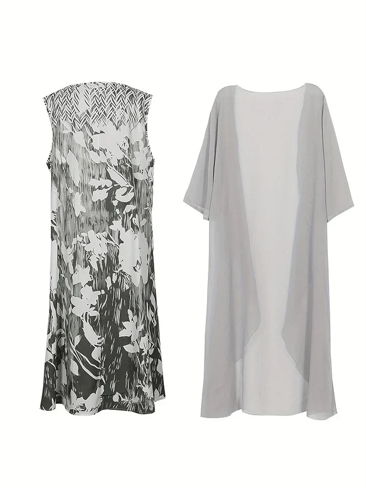 WW | Plus Size Autumn New Women's Floral Long Dress Printed Pattern Two-Piece Dress Round Neck Temperament Elegant Dress