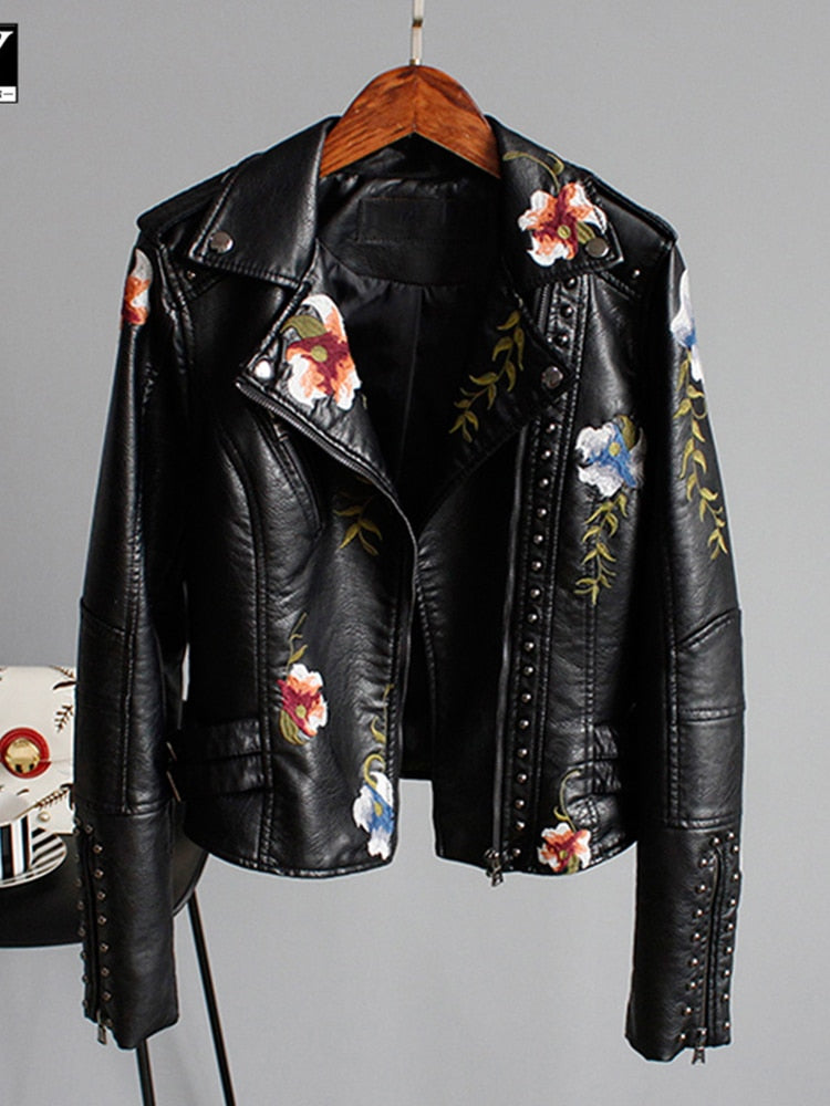 WW | Women's Leather Jacket with Embroidered Flowers, Chic and Elegant
