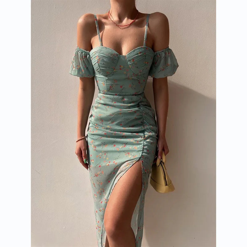 Flora | Floral strap dress with high slit