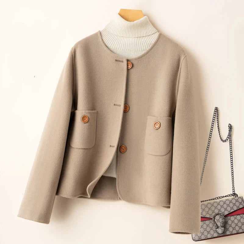 WW | Cropped Wool Blend Boxy Fit Collarless Jacket Decorative Button Closure Flap Pockets