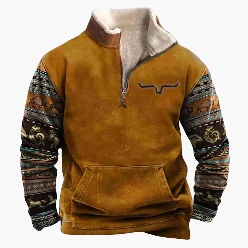 WW | Western Style Pullover mit Azteken-Muster und Longhorn-Motiv - Bequemer Freizeit-Sweater für Outdoor & Alltag