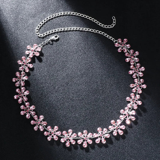 WW | Fashion Pink Crystal Flowers Choker Necklace Statement Accessories Fashion Women Rhinestone Collar Necklace Clavicle Jewelry Ins