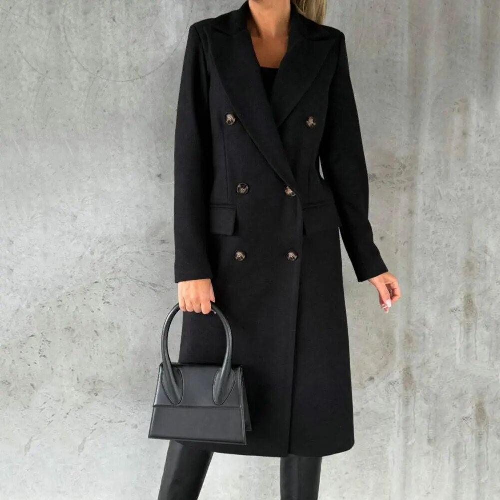 WW | Damen Lange Jacke - Doppelt Knopf - Taillierte Passform - Mit Revers - Formelle Elegante Kleidung