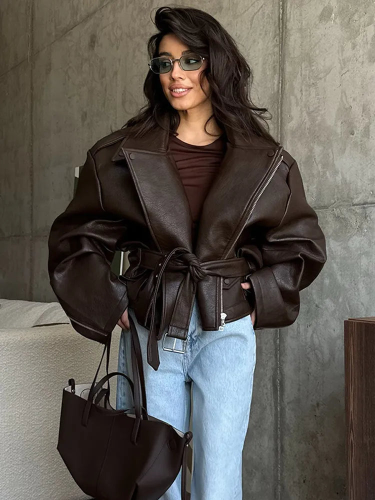 WW | Imitation Leather Jacket with Belt for Women