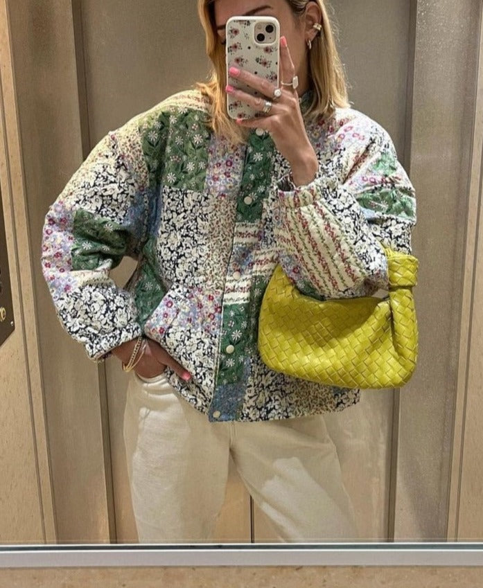 WW | Grüne Blumen bedruckte gesteppte Baumwolljacke für Damen