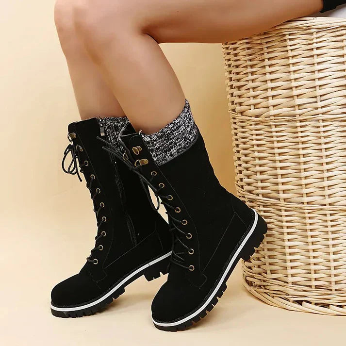 WW |  Damen-Winterstiefel mit Schnürung & Reißverschluss - Warme Stiefeletten mit Strickbund & Profilsohle