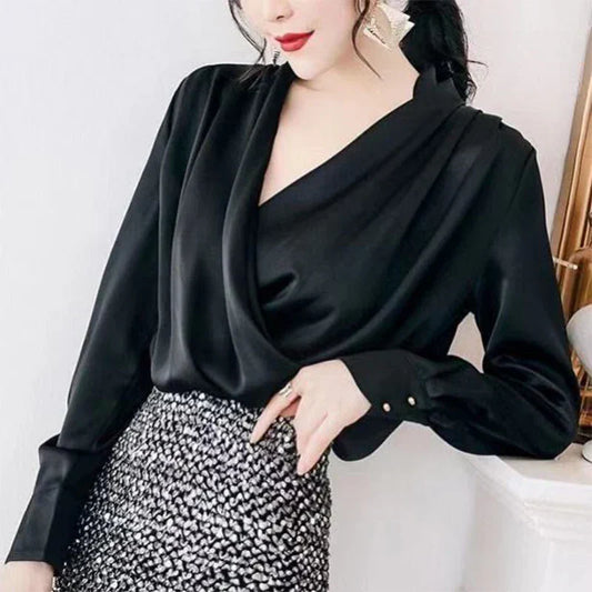 WW | Elegant Satin Blouse With V-Neck For Office & Evening
