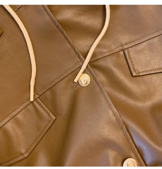 WW | Vorgefertigte Lederjacke mit Schnürung und dicker Kapuze