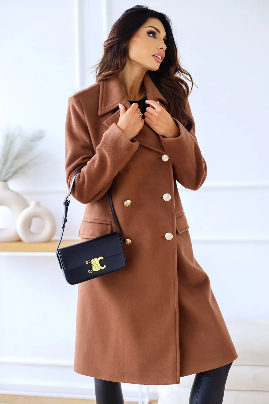 WW | Damen Doppelreihiger Mantel - Wollmischung - Mittellang - Reverskragen - Elegante formelle Kleidung