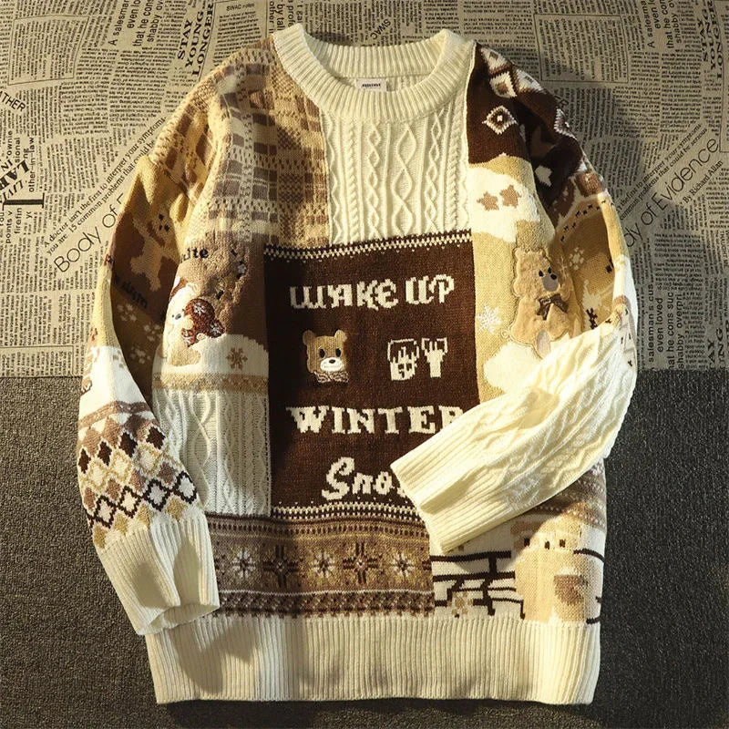 WW -Hässlicher Weihnachtspulli - Lockerer Retro-Pullover mit V-Ausschnitt und Farbblock-Design