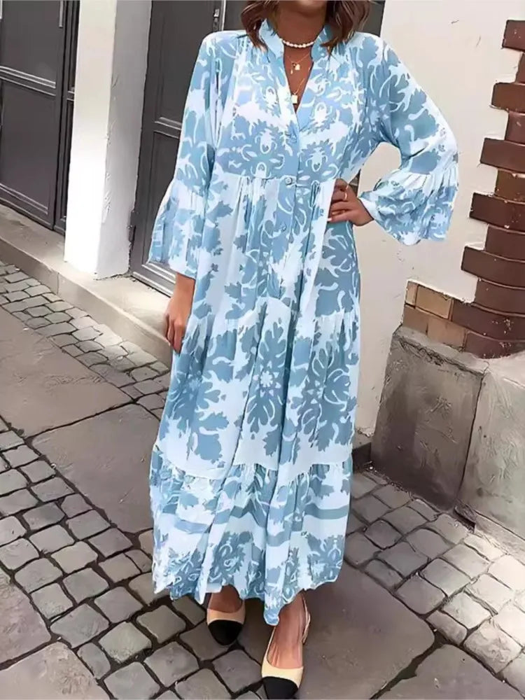 Purple | Boho Maxi Dress with V-Neck and Flared Sleeves