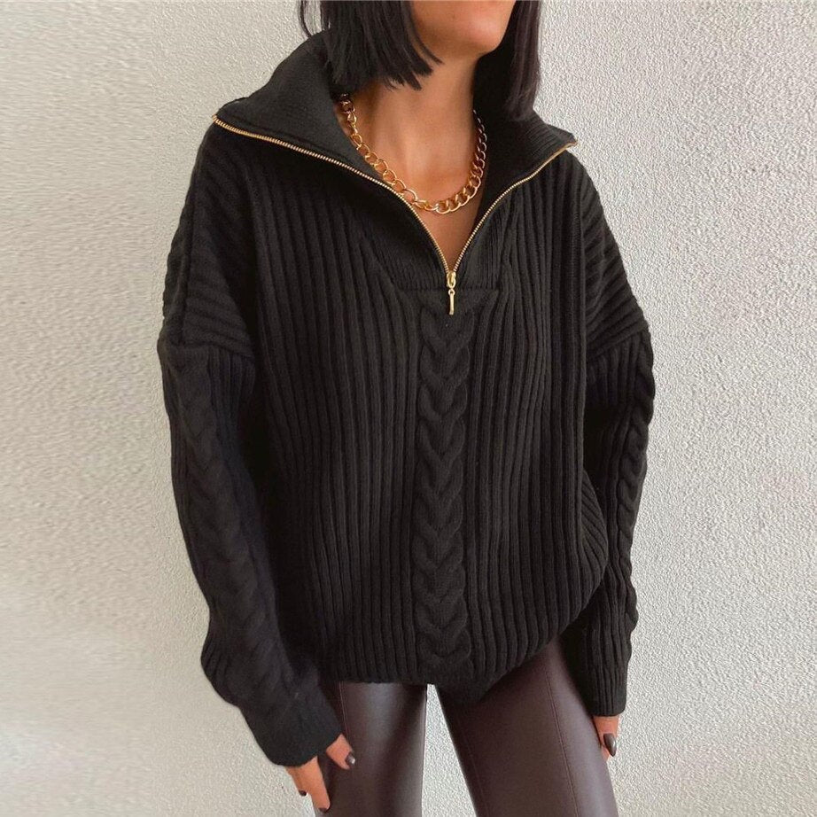 WW V-Sweater | Comfortable Cable Knit Sweater with V-Neck, Turtleneck and Zipper