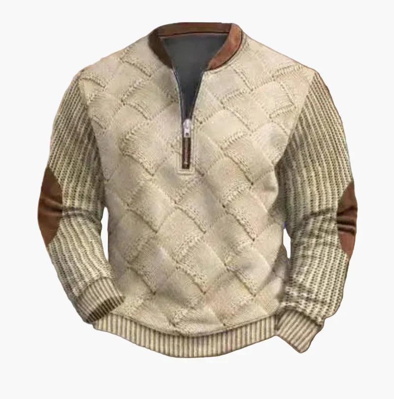 WW | Halbzipper Pullover - Modischer Strick-Look für Herbst und Winter, Warmes Sweatshirt mit Stehkragen und Ellbogen-Patches, Freizeit & Alltag
