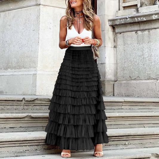 WW | Casual Women Solid Ball Gown Long Skirt Tulle High Waist Pleated Tutu Skirt Elegant Ladies Wild Net Dating Maxi Skirts Drop