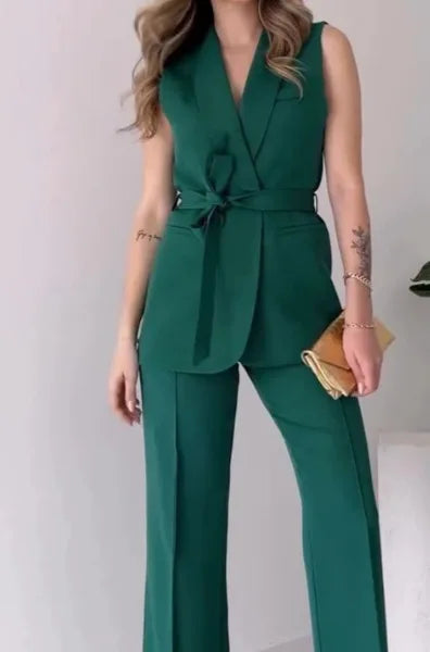 WW | Ärmelloser Blazer-Anzug Taillierte Passform Wickel-V-Ausschnitt Weite Hose