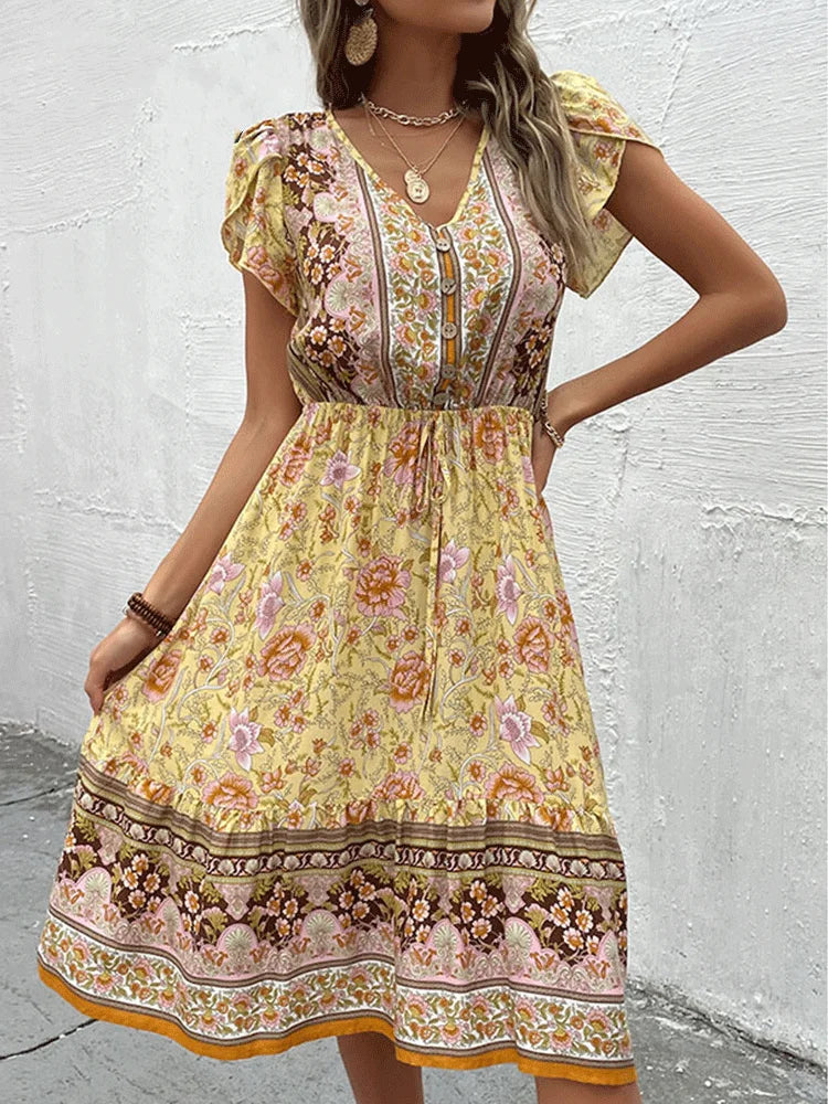 Celia – Green Floral Boho Midi Dress