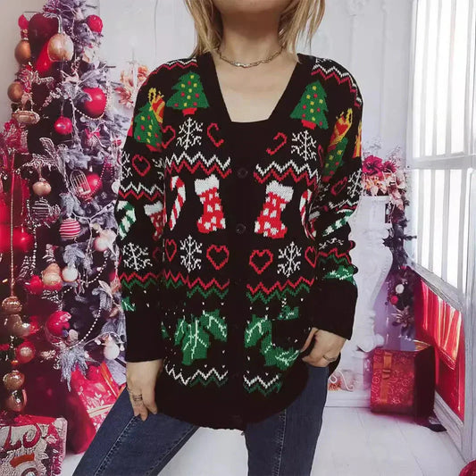 WW | Strickjacke - Strick - Knopfverschluss - Festliches Design mit Weihnachtsmuster - V-Ausschnitt
