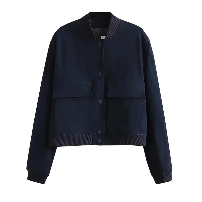 WW | Cropped Snap-Button Bomber Jacket with Baseball Collar