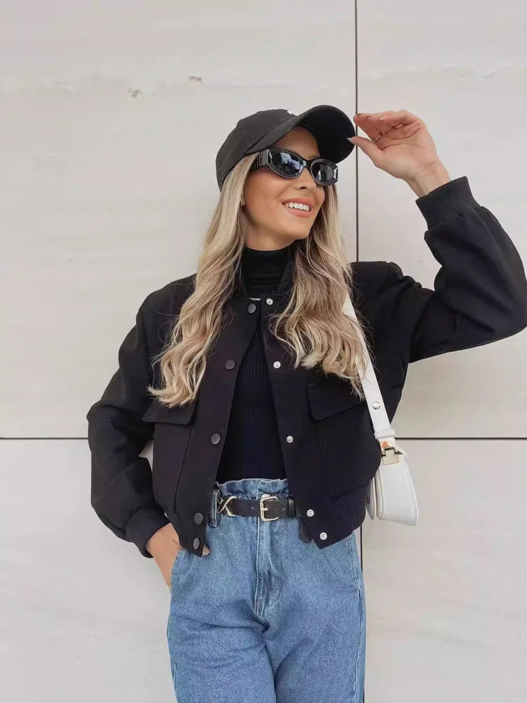 WW | Casual Bomber Jacket with Front Buttons and Flap Pockets