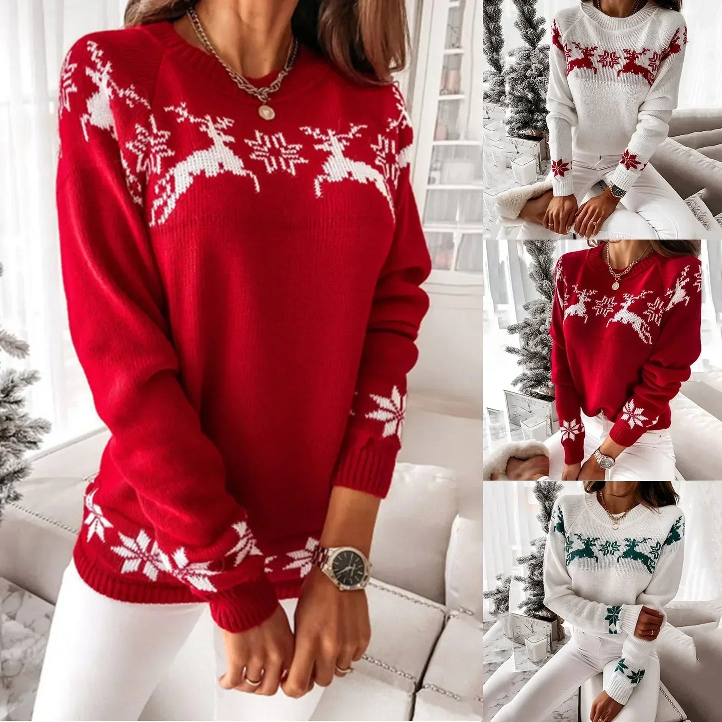 WW - Ugly Christmas Sweater - Comfortable knitted sweater with O-neck, reindeer and snowflake pattern