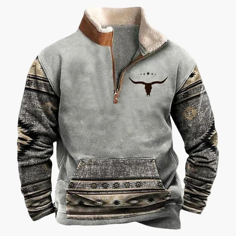 WW | Western Style Pullover mit Azteken-Muster und Longhorn-Motiv - Bequemer Freizeit-Sweater für Outdoor & Alltag
