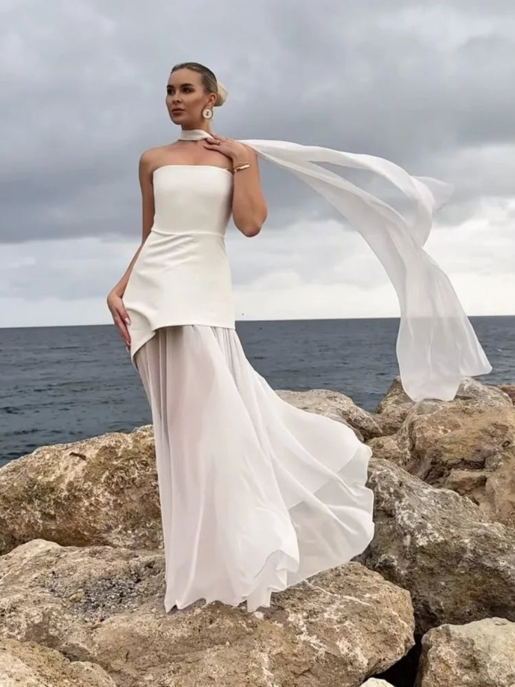 Isabella | White off-the-shoulder maxi dress with scarf